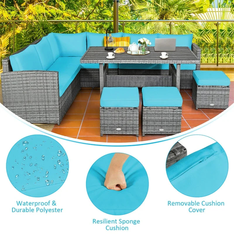 2026 7 PCS Resin Wicker Outdoor Sectional Sofa Set Rattan Patio Seating Group with Dining Table, Ottomans & Cushions
