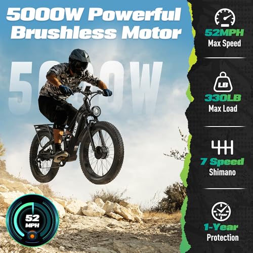 2026 5000W Dual Motor Electric Bike for Adults 52MPH with 60V 32AH Battery, 26x4 Fat Tire All Terrain Ebikes, Full Suspension E Bike, SHM 7-Speed Gear Electric Bicycle(63v) (63V-3-1)