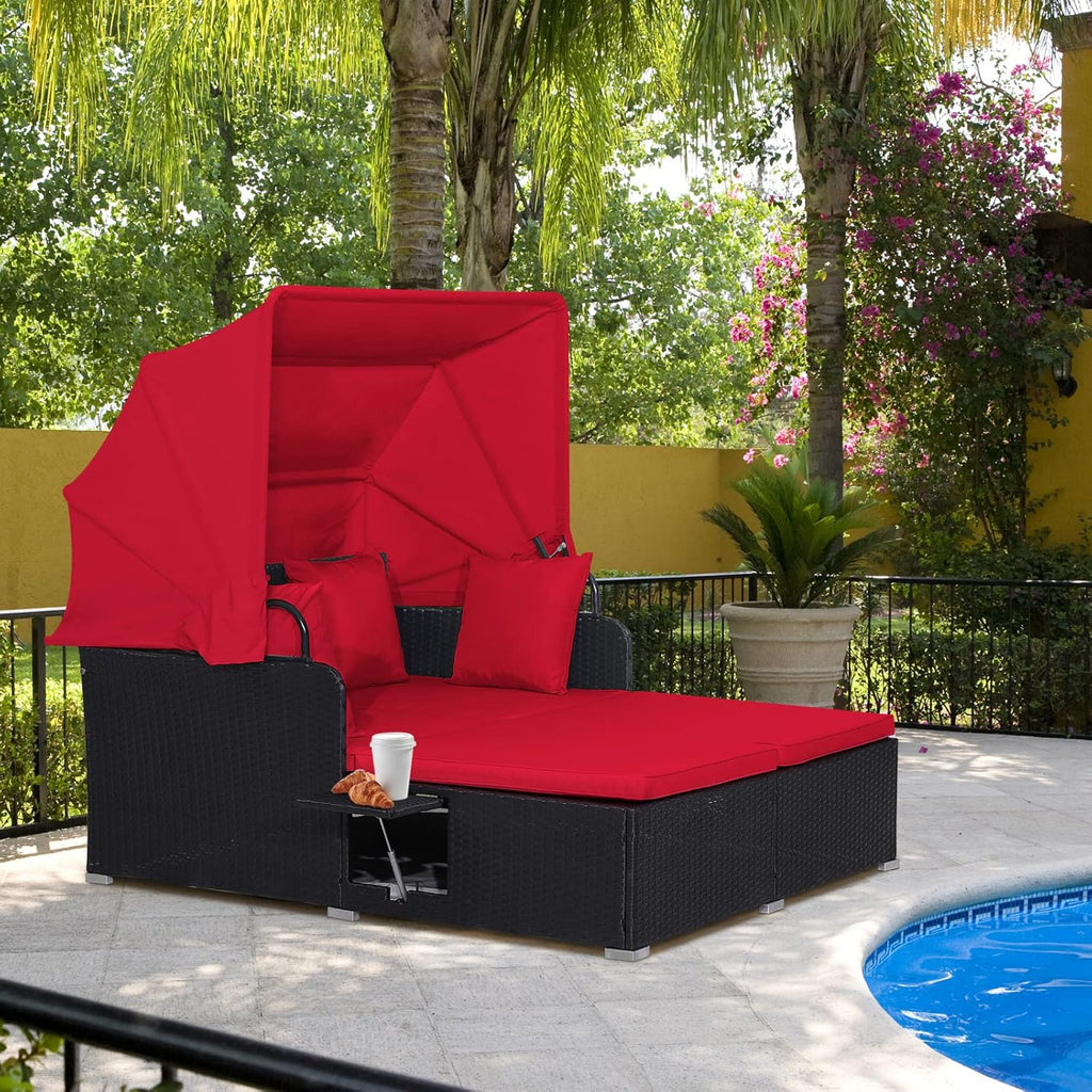 2026 Patio Outdoor Daybed with Canopy, Wicker Sunbed w/Cushions, 4 Pillows & 2 Retractable Side Trays, 2-Person Lounge Bed Conversation for Poolside Porch Garden, Rattan Outdoor Bed (Turquoise)