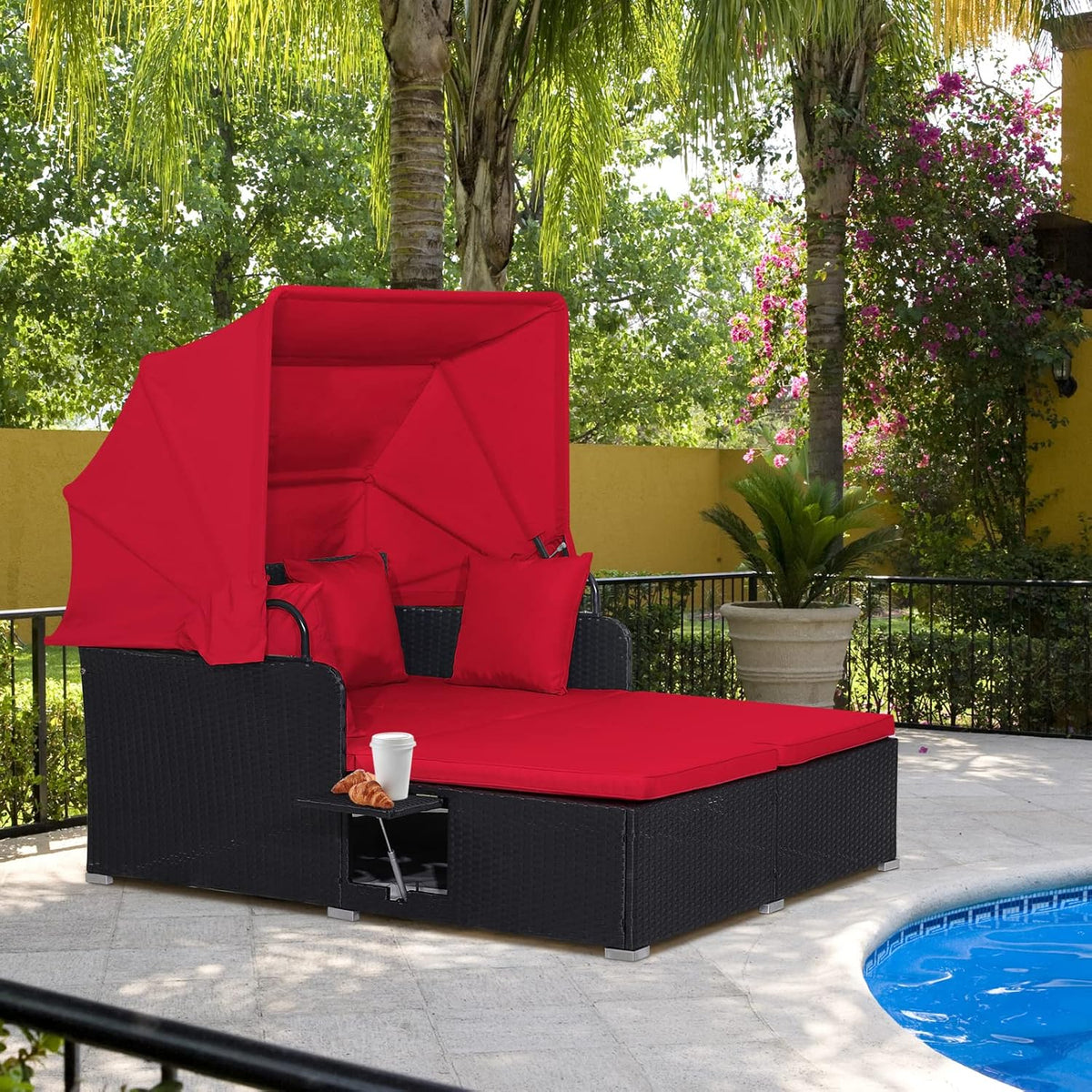 2026 Patio Outdoor Daybed with Canopy, Wicker Sunbed w/Cushions, 4 Pillows & 2 Retractable Side Trays, 2-Person Lounge Bed Conversation for Poolside Porch Garden, Rattan Outdoor Bed (Turquoise)