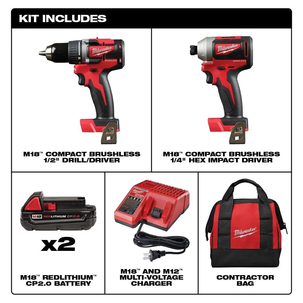 2026 M18 18V Lithium-Ion Brushless Cordless Compact Drill/Impact Combo Kit (2-Tool) W/ (2) 2.0Ah Batteries, Charger & Bag 2892-22CT