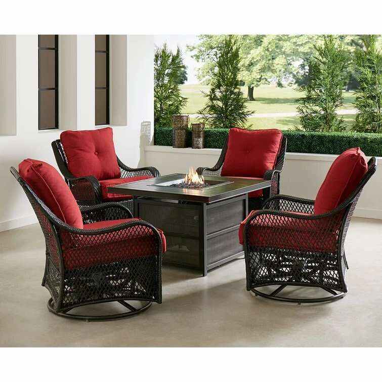 2026 Orleans 5-Piece Steel Patio Fire Pit Conversation Set with Navy Blue Cushions, Swivel Gliders and Square Fire Pit Table