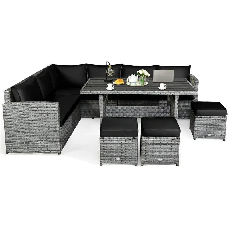 2026 New7 Pcs Rattan Patio Dining Furniture Sectional Sofa Set with Dining Table, Ottomans & Cushions