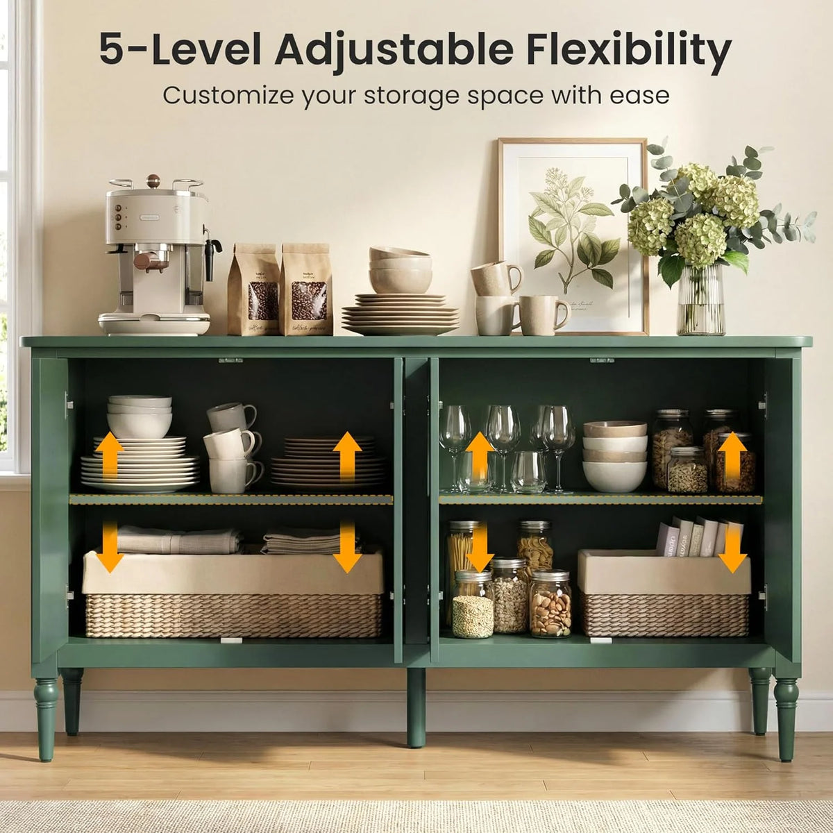 2026 Buffet Cabinet with Storage, 59" Vintage Sideboard with Adjustable Shelves, Mid Century Modern Painted Credenza Coffee Bar for Kitchen, Dining Room, Entryway, Living Room, Forest Green