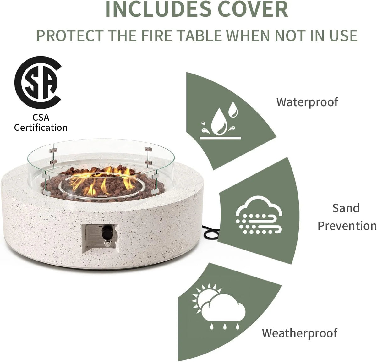 2026 2-Piece Outdoor Propane Firepit Table Set w Tank Table, 42 inch Dark Fire Table Certified, 50,000 BTU w Beige Round Base,Wind Guard and 16 inches Tank Side Table 20lb for Garden,Pool