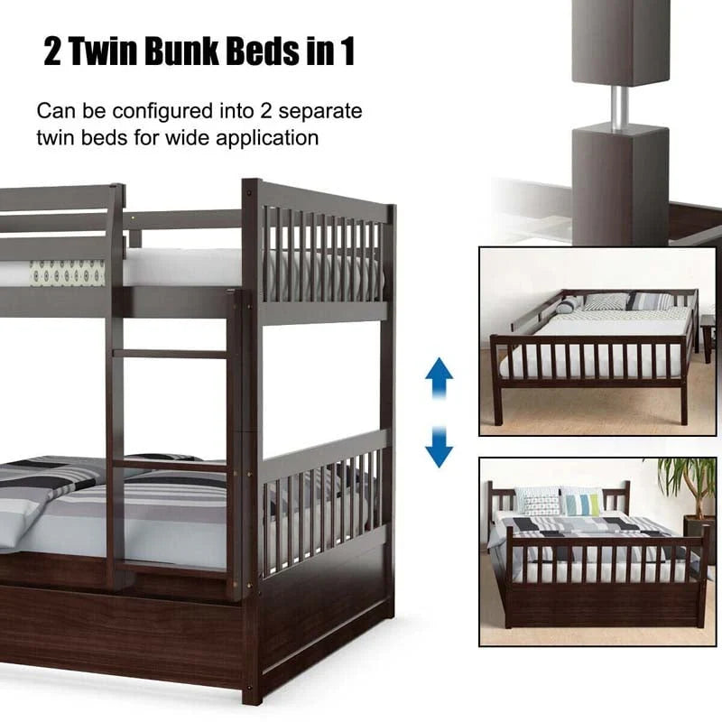 2026 Solid Wood Full Over Full Bunk Bed Frame with Trundle, Safety Ladder & Guardrails, Convertible Bunk Bed for Kids Teens