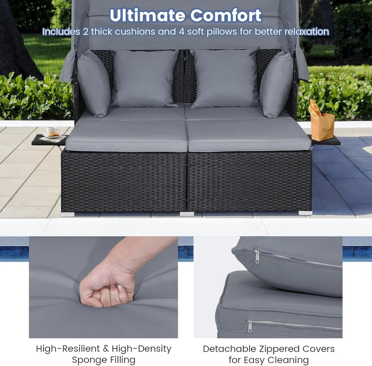 2026 Patio Outdoor Daybed with Canopy, Wicker Sunbed w/Cushions, 4 Pillows & 2 Retractable Side Trays, 2-Person Lounge Bed Conversation for Poolside Porch Garden, Rattan Outdoor Bed (Turquoise)