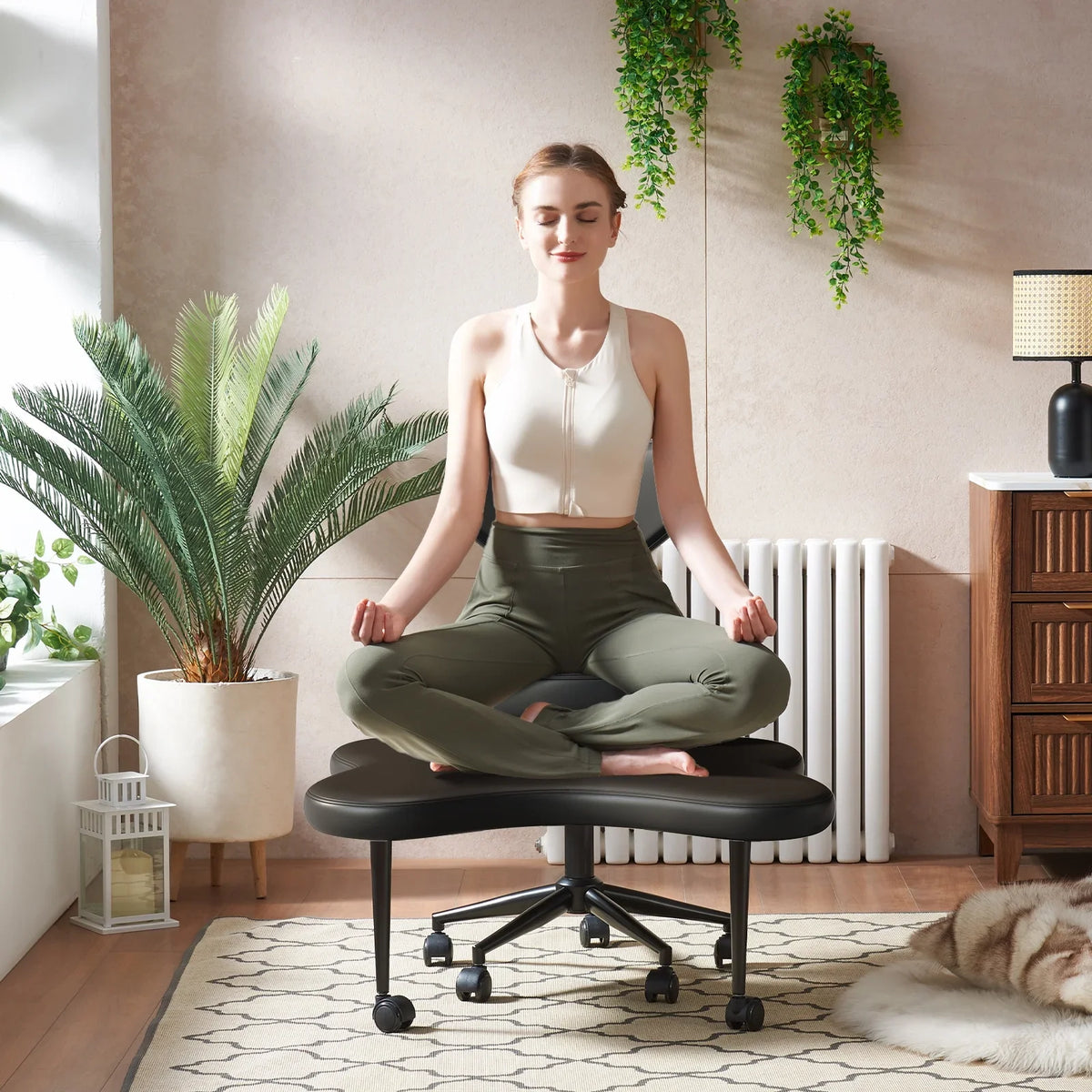 2026 NewPinmoco Ergonomic Cross Legged Swivel Chair, Adjustable Height and Teddy Fabric, Meditation& ADHD Chair with Back Support, Home and Office, Off White