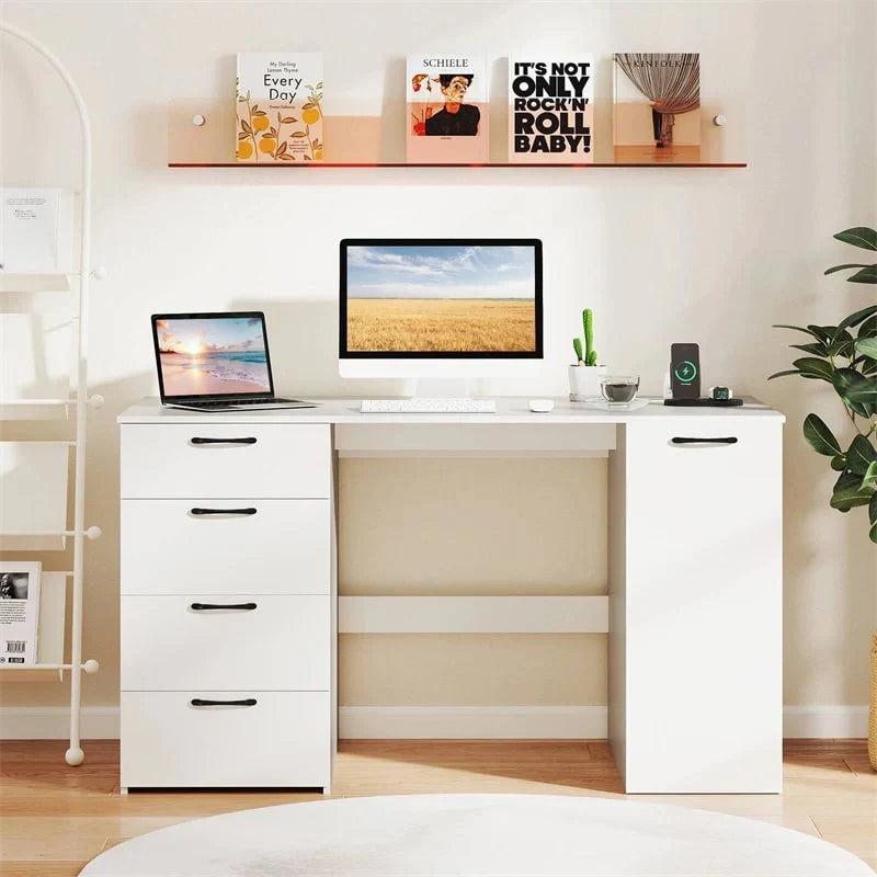 2026 53" Computer Desk with 4 Storage Drawers & Cabinet, Home Office Desk w/ Charging Station, Adjustable Shelf & Cable Management for Study, Makeup