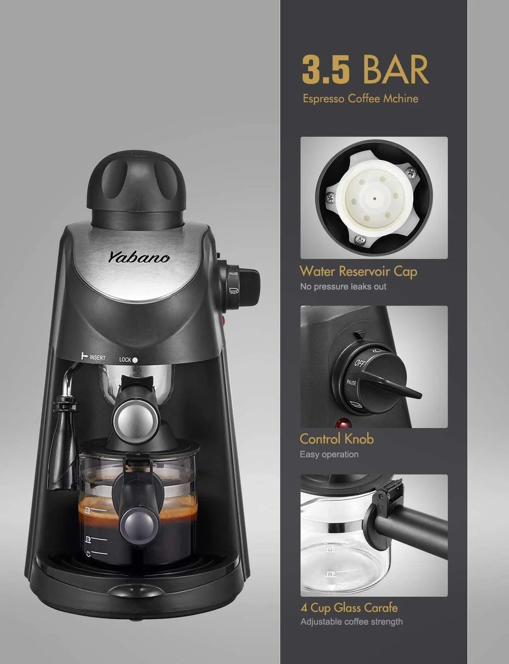 2026 Espresso Machine, Yabano 3.5 Bar 4 Cup Steam Espresso Cappuccino Maker with Milk Frother, 800W, Black
