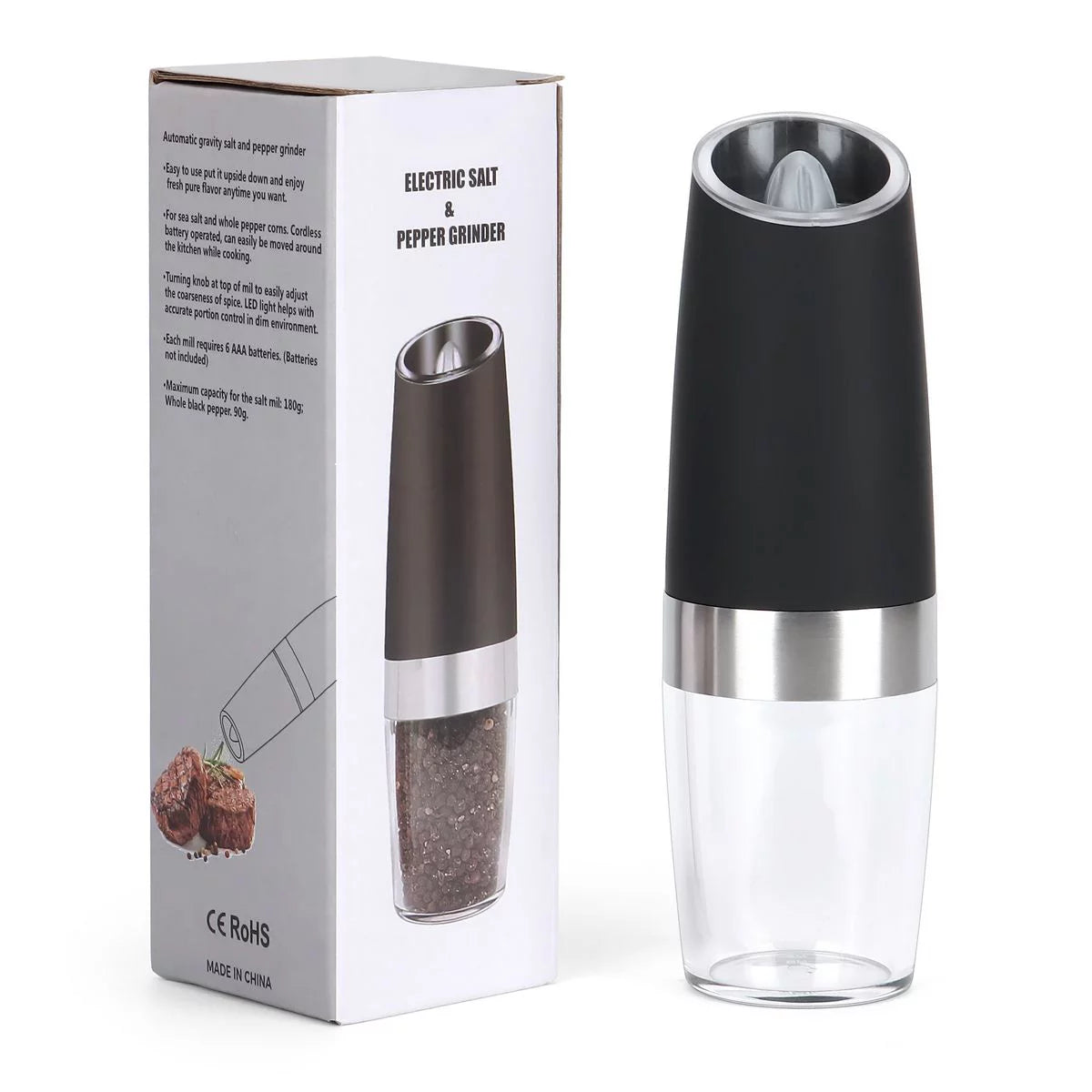 2026 Deago 2 Pack Electric Gravity Salt and Pepper Grinder Set with Adjustable Coarseness Automatic Pepper and Salt Mill Grinder Battery Powered with LED Light