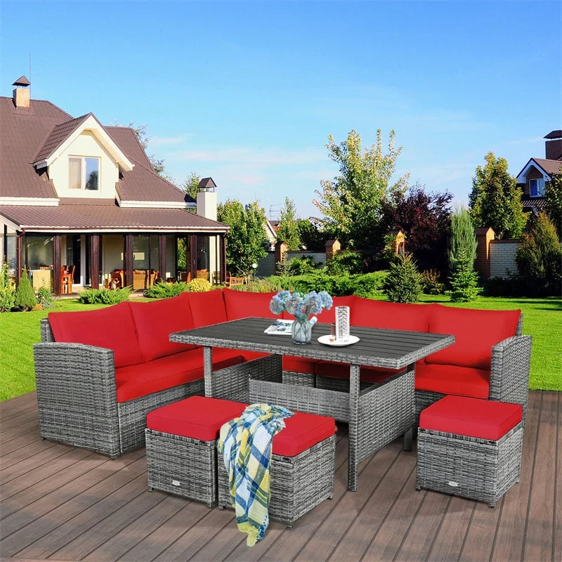 2026 7 PCS Resin Wicker Outdoor Sectional Sofa Set Rattan Patio Seating Group with Dining Table, Ottomans & Cushions