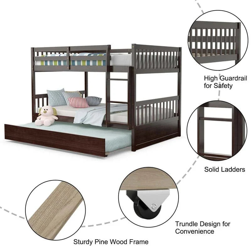 2026 Solid Wood Full Over Full Bunk Bed Frame with Trundle, Safety Ladder & Guardrails, Convertible Bunk Bed for Kids Teens