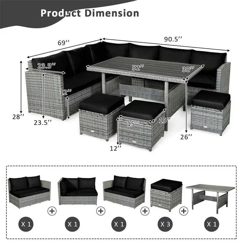 2026 New7 Pcs Rattan Patio Dining Furniture Sectional Sofa Set with Dining Table, Ottomans & Cushions