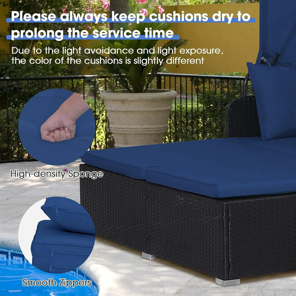 2026 Patio Outdoor Daybed with Canopy, Wicker Sunbed w/Cushions, 4 Pillows & 2 Retractable Side Trays, 2-Person Lounge Bed Conversation for Poolside Porch Garden, Rattan Outdoor Bed (Turquoise)