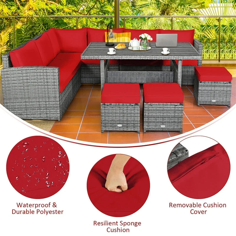 2026 7 PCS Resin Wicker Outdoor Sectional Sofa Set Rattan Patio Seating Group with Dining Table, Ottomans & Cushions