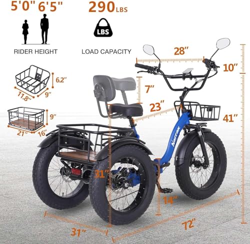 2026 Electric Tricycle for Adults, 750W(Peak 1350W), 48V13Ah Ebike, 20"x4.0" Aluminum Folding Fat Tire 3 Wheel Electric Trike, Max 20MPH Hydraulic Brake, Rear Motor Differential