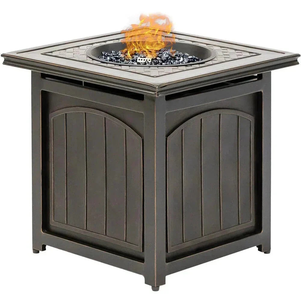 2026 New2025 5-piece steel patio fire pit seating set with navy blue cushions, swivel gliders and square fire pit table