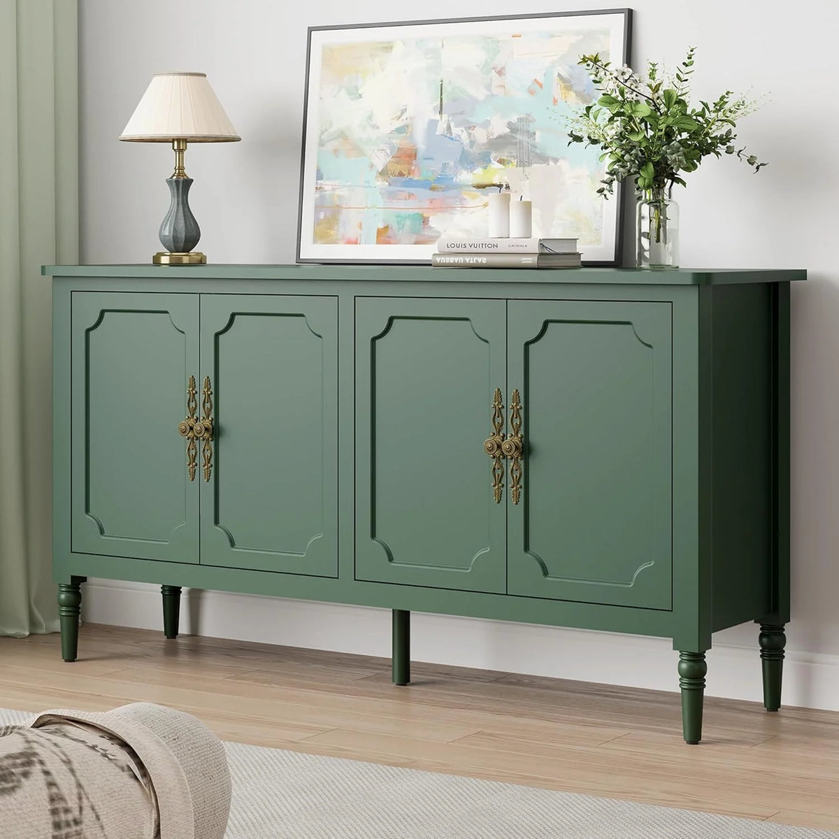 2026 Buffet Cabinet with Storage, 59" Vintage Sideboard with Adjustable Shelves, Mid Century Modern Painted Credenza Coffee Bar for Kitchen, Dining Room, Entryway, Living Room, Forest Green