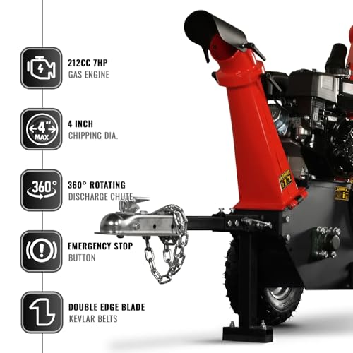 2026 4'' Inch 212CC 7HP Gas Powered Wood Chipper Leaf Branch Shredder Mulcher with Towbar, Emergency Stop Button, Model GS650