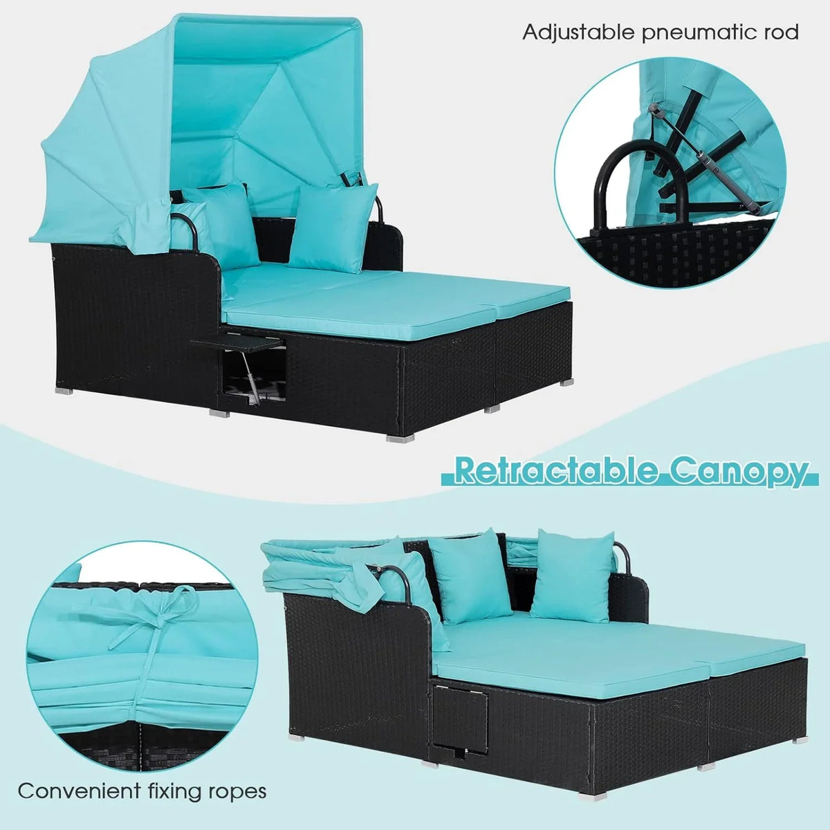 2026 Patio Outdoor Daybed with Canopy, Wicker Sunbed w/Cushions, 4 Pillows & 2 Retractable Side Trays, 2-Person Lounge Bed Conversation for Poolside Porch Garden, Rattan Outdoor Bed (Turquoise)