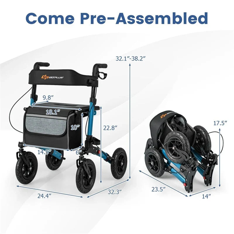 2026 2-in-1 Folding Rolling Rollator Walker with Seat, 9" All-Terrain Pneumatic Tires & Height Adjustment, Aluminum Mobility Walking Aid for Seniors