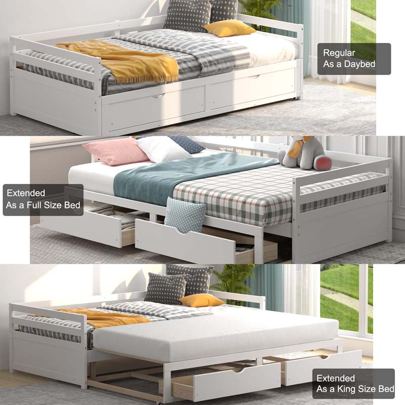 2026 Extendable Twin to King Daybed with Trundle & 2 Storage Drawers, Dual-use Modern Sofa Bed with Roll Out Bed Frame