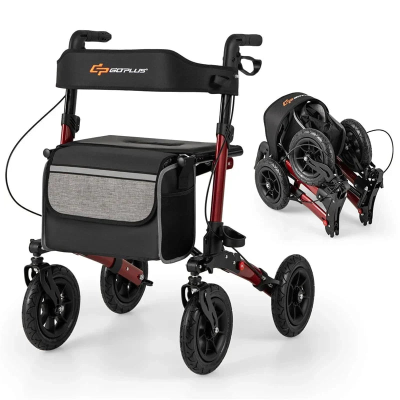 2026 2-in-1 Folding Rolling Rollator Walker with Seat, 9" All-Terrain Pneumatic Tires & Height Adjustment, Aluminum Mobility Walking Aid for Seniors