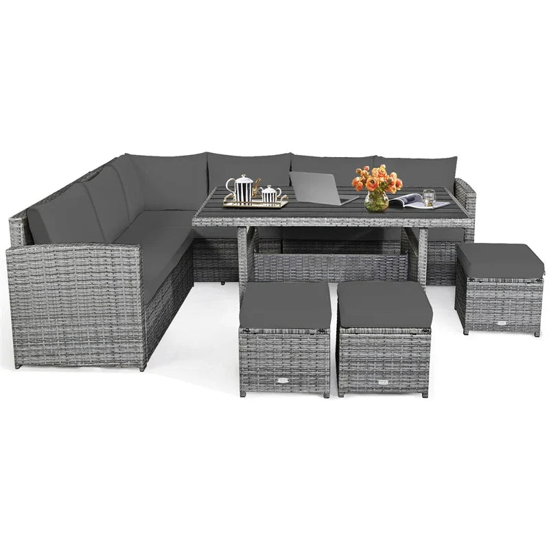2026 7 PCS Resin Wicker Outdoor Sectional Sofa Set Rattan Patio Seating Group with Dining Table, Ottomans & Cushions