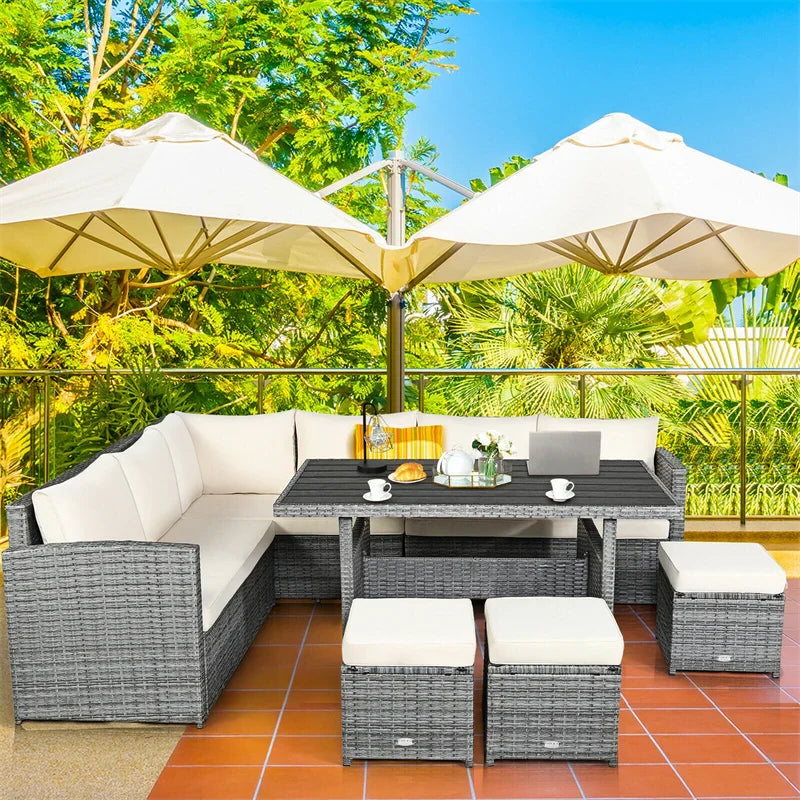 2026 7 PCS Resin Wicker Outdoor Sectional Sofa Set Rattan Patio Seating Group with Dining Table, Ottomans & Cushions