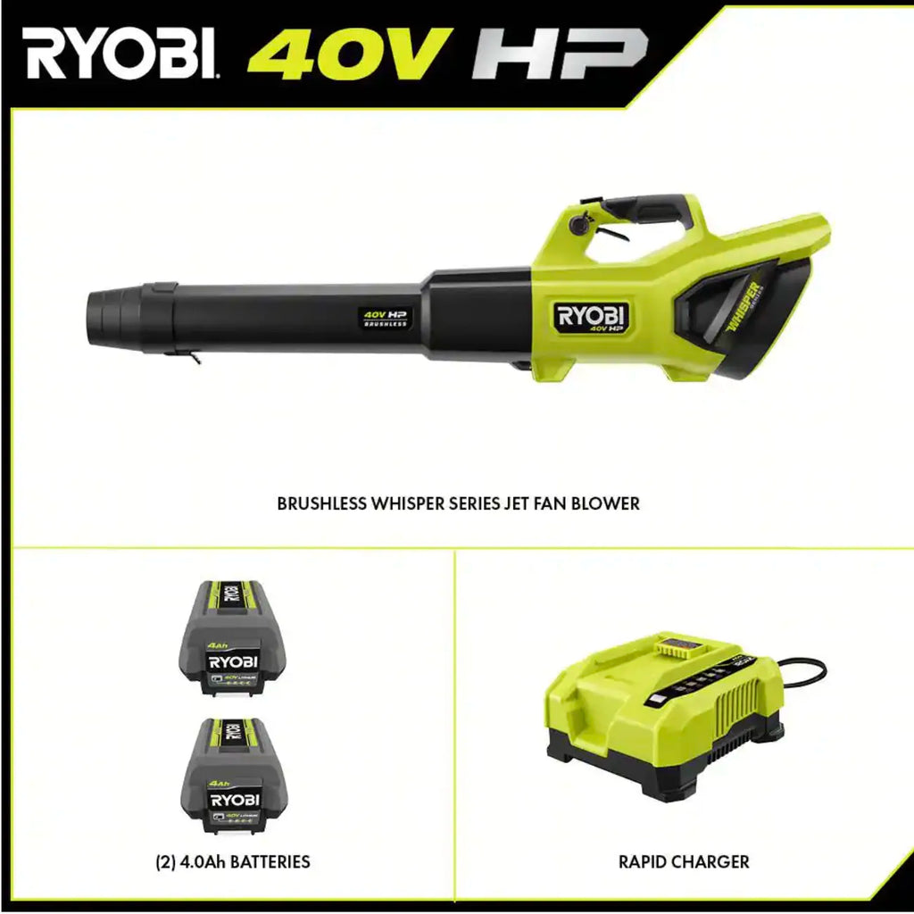 2026 40V Brushless Whisper Series 190 MPH 730 CFM Cordless Battery Jet Fan Leaf Blower with (2) 4.0 Ah Batteries and Charger
