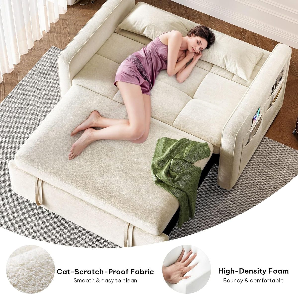 2026 3-in-1 Convertible Sofa Bed, 55" Sleeper Sofa with Pull-Out Bed, Cat-Scratch-Proof Fabric Futon Couch with Adjustable Backrest and Side Pocket, Loveseat for Living Room Apartment, Grey