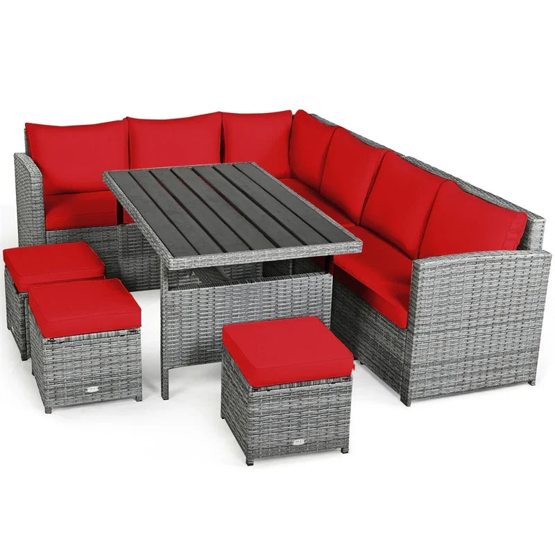 2026 7 PCS Resin Wicker Outdoor Sectional Sofa Set Rattan Patio Seating Group with Dining Table, Ottomans & Cushions