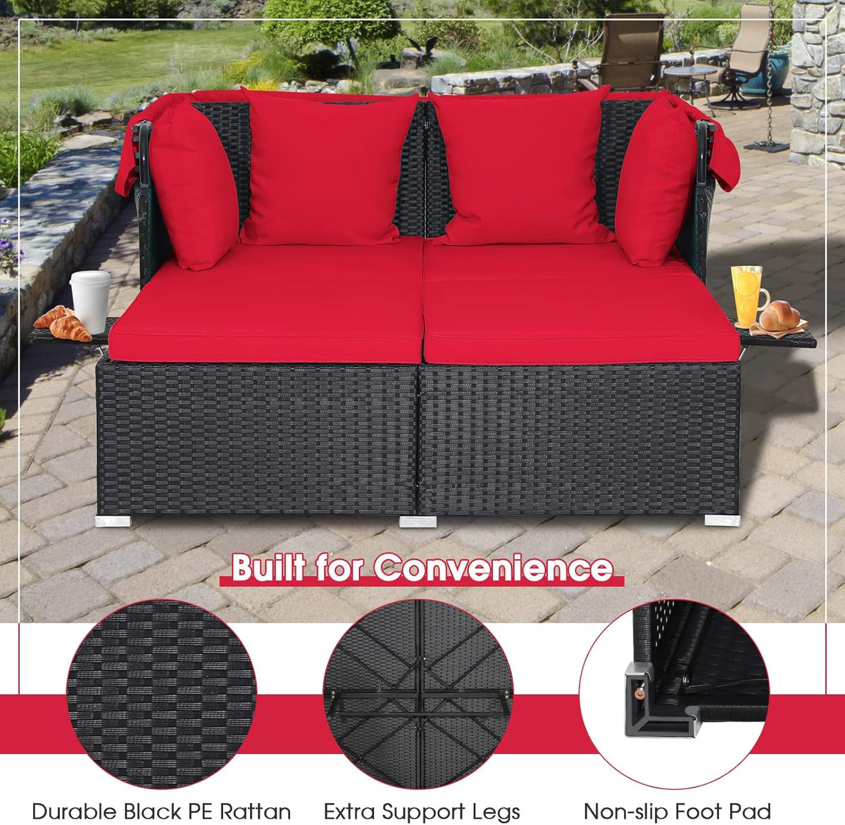 2026 Patio Outdoor Daybed with Canopy, Wicker Sunbed w/Cushions, 4 Pillows & 2 Retractable Side Trays, 2-Person Lounge Bed Conversation for Poolside Porch Garden, Rattan Outdoor Bed (Turquoise)