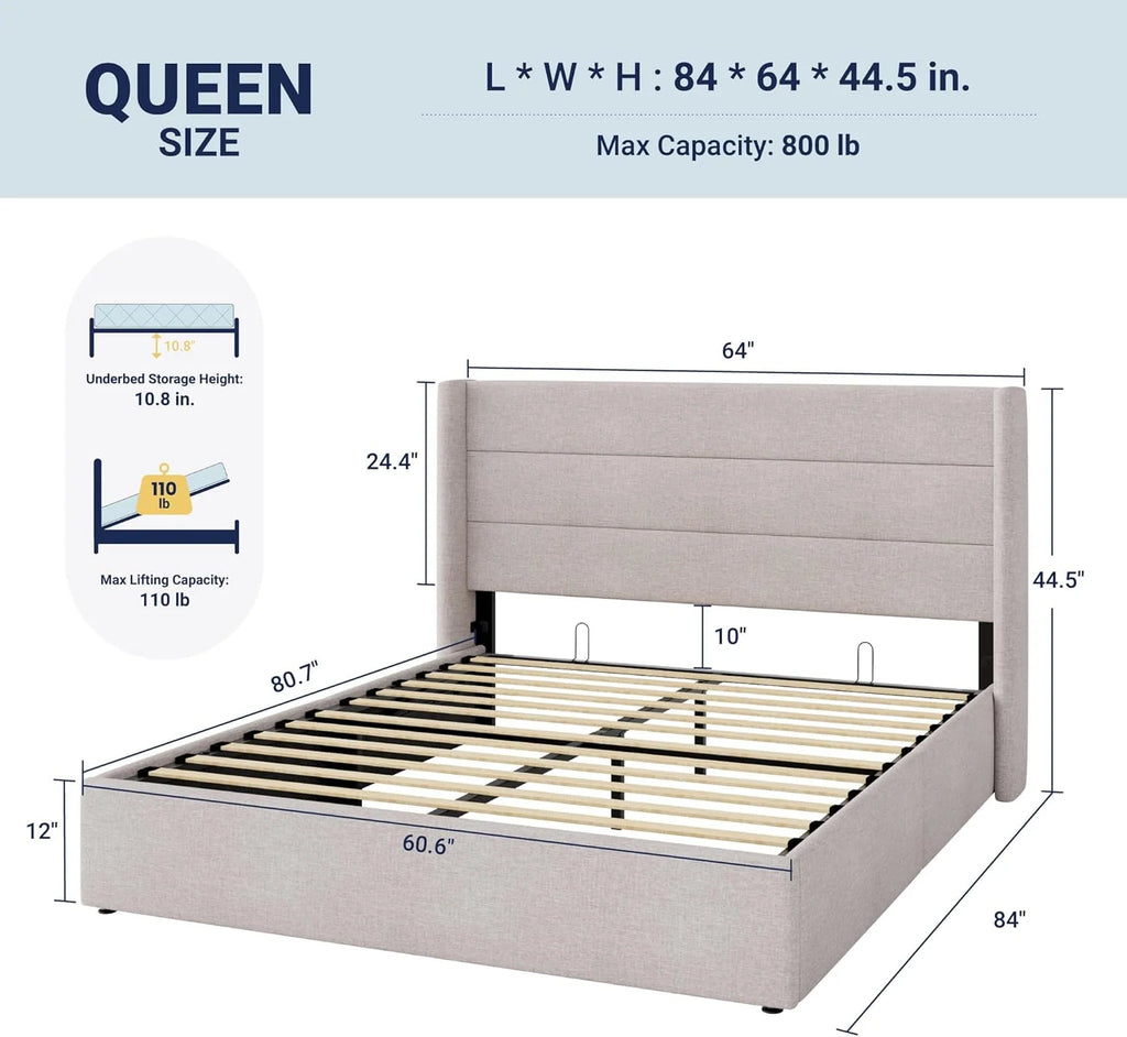 2026 Queen Size Lift Up Storage Bed, Modern Wingback Headboard, Hydraulic Support, No Box Spring Needed, Light Beige