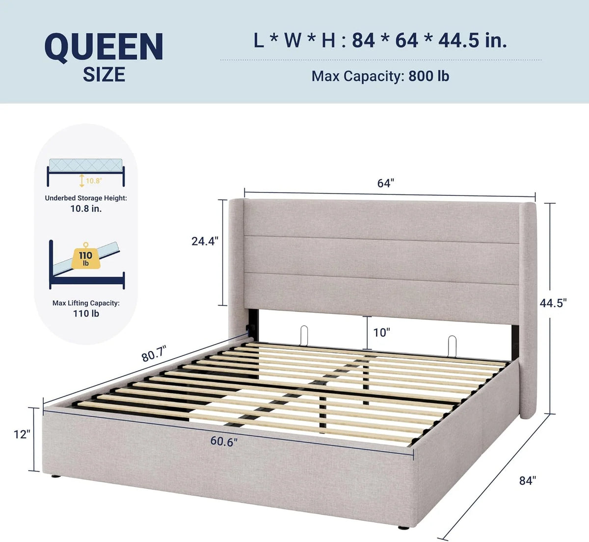 2026 Queen Size Lift Up Storage Bed, Modern Wingback Headboard, Hydraulic Support, No Box Spring Needed, Light Beige