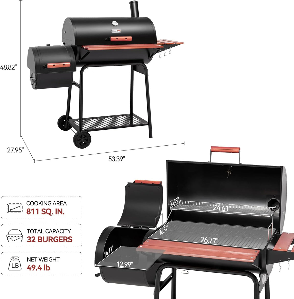 2026 CC1830W 30-Inch Charcoal Grill with Offset Smoker and Wood-Painted Side Table Outdoor Smoker Grill with 811 Sq. In. Cooking Area for Outdoor Barbecue Event Black