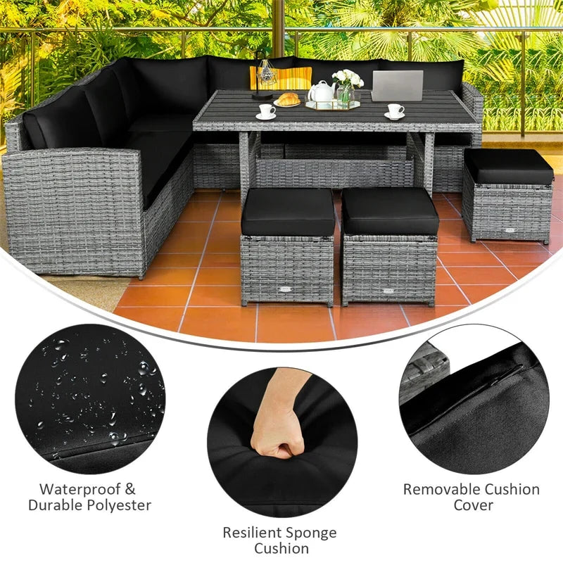 2026 7 PCS Resin Wicker Outdoor Sectional Sofa Set Rattan Patio Seating Group with Dining Table, Ottomans & Cushions