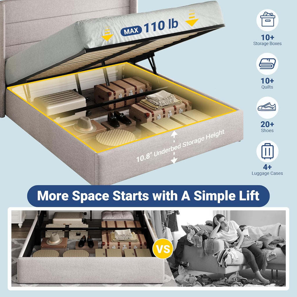 2026 Queen Size Lift Up Storage Bed, Modern Wingback Headboard, Hydraulic Support, No Box Spring Needed, Light Beige