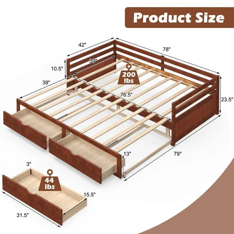 2026 Extendable Twin to King Daybed with Trundle & 2 Storage Drawers, Dual-use Modern Sofa Bed with Roll Out Bed Frame
