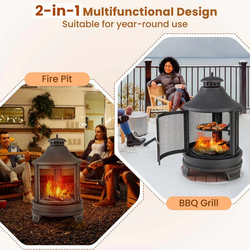 2026 30" 2-in-1 Metal Chiminea Fire Pit with Adjustable Grill & Chimney, Outdoor Wood Burning Chiminea Fireplace with Spark Screen for Patio Backyard BBQ