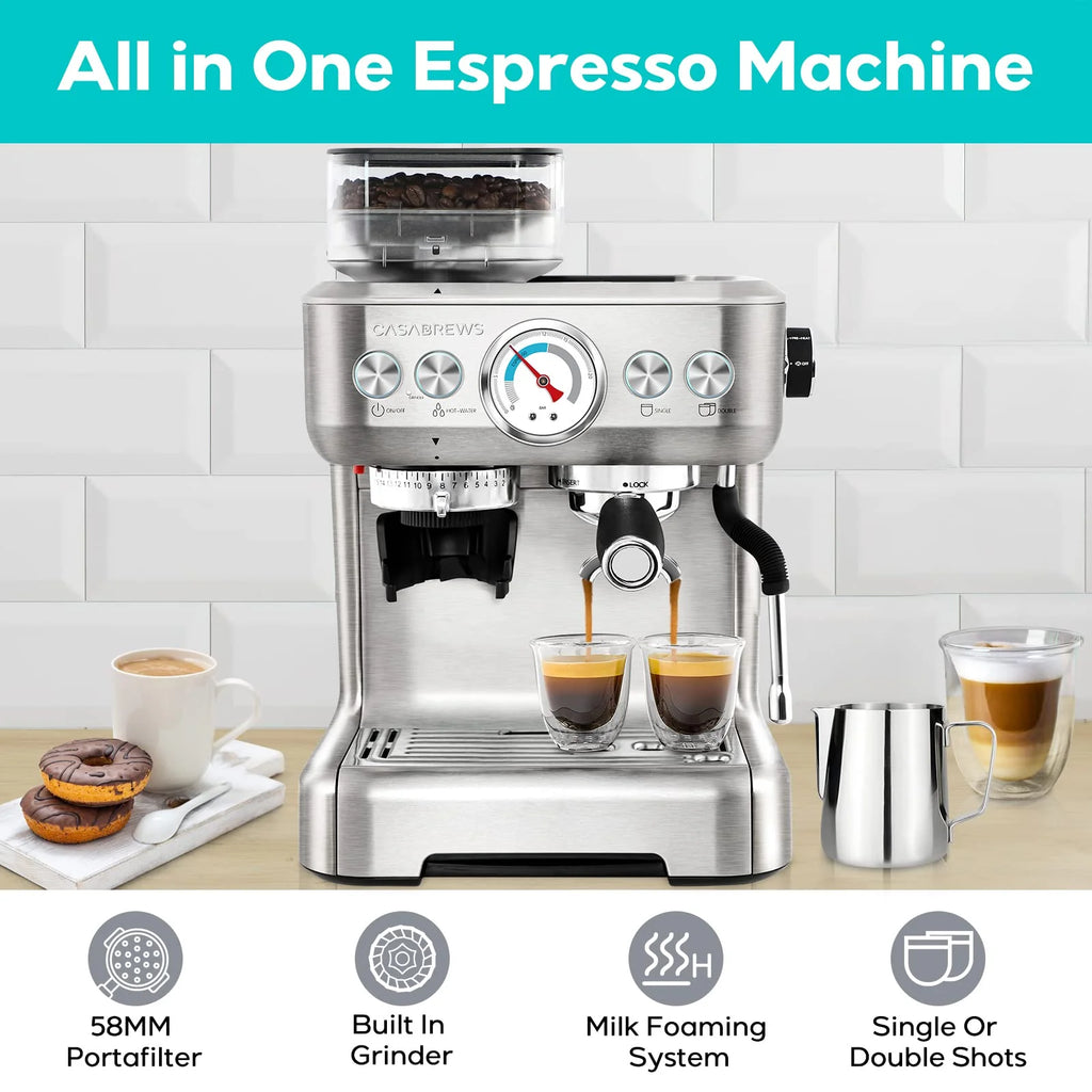 2026 Casabrews 20 Bar Espresso Machine with Milk Frother Steam Wand, Cappuccino Machine with Grinder, Silver