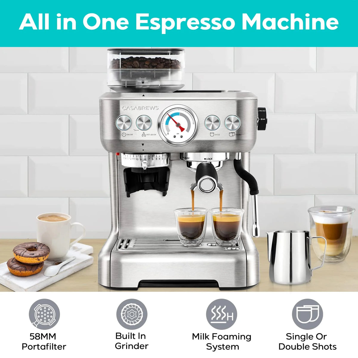 2026 Casabrews 20 Bar Espresso Machine with Milk Frother Steam Wand, Cappuccino Machine with Grinder, Silver