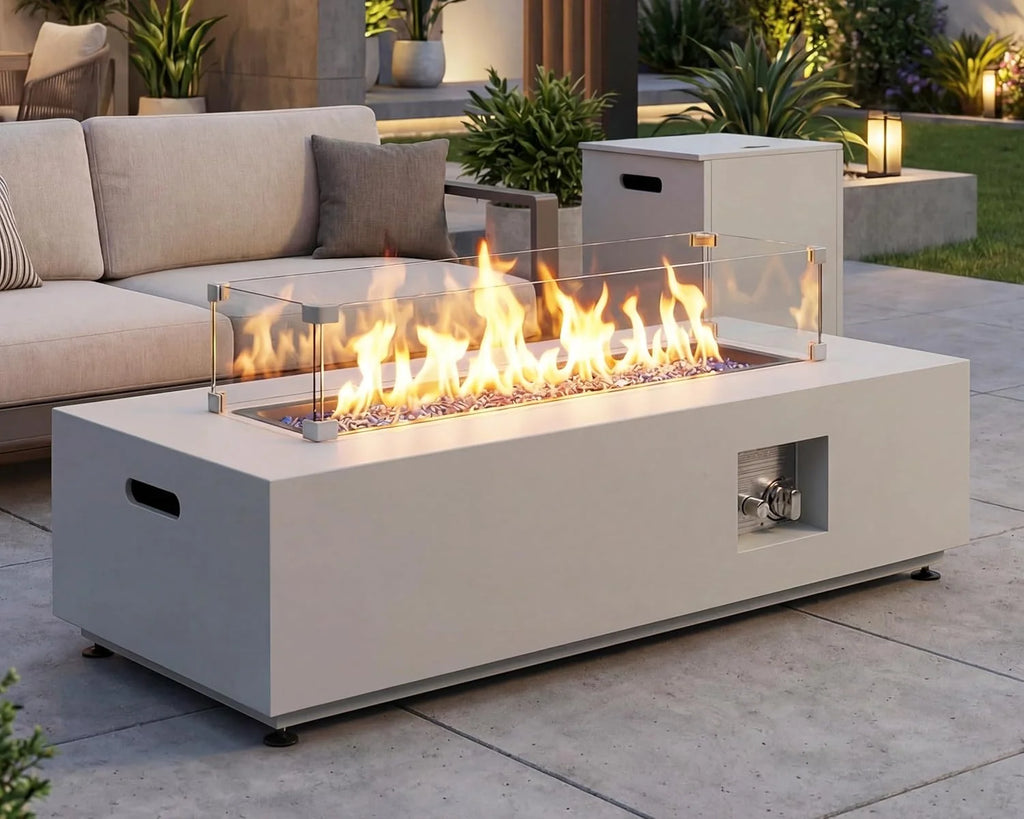 2026 42" Outdoor Propane Fire Pit Table, 50,000 BTU Rectangle Natural Gas Firepit with Tank Table, No Assembly Low Profile Fire Table for Outside Patio & Backyard, CSA Certified, Grayish White