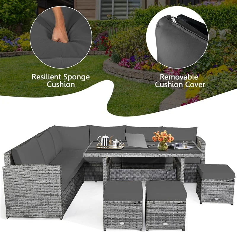 2026 7 PCS Resin Wicker Outdoor Sectional Sofa Set Rattan Patio Seating Group with Dining Table, Ottomans & Cushions