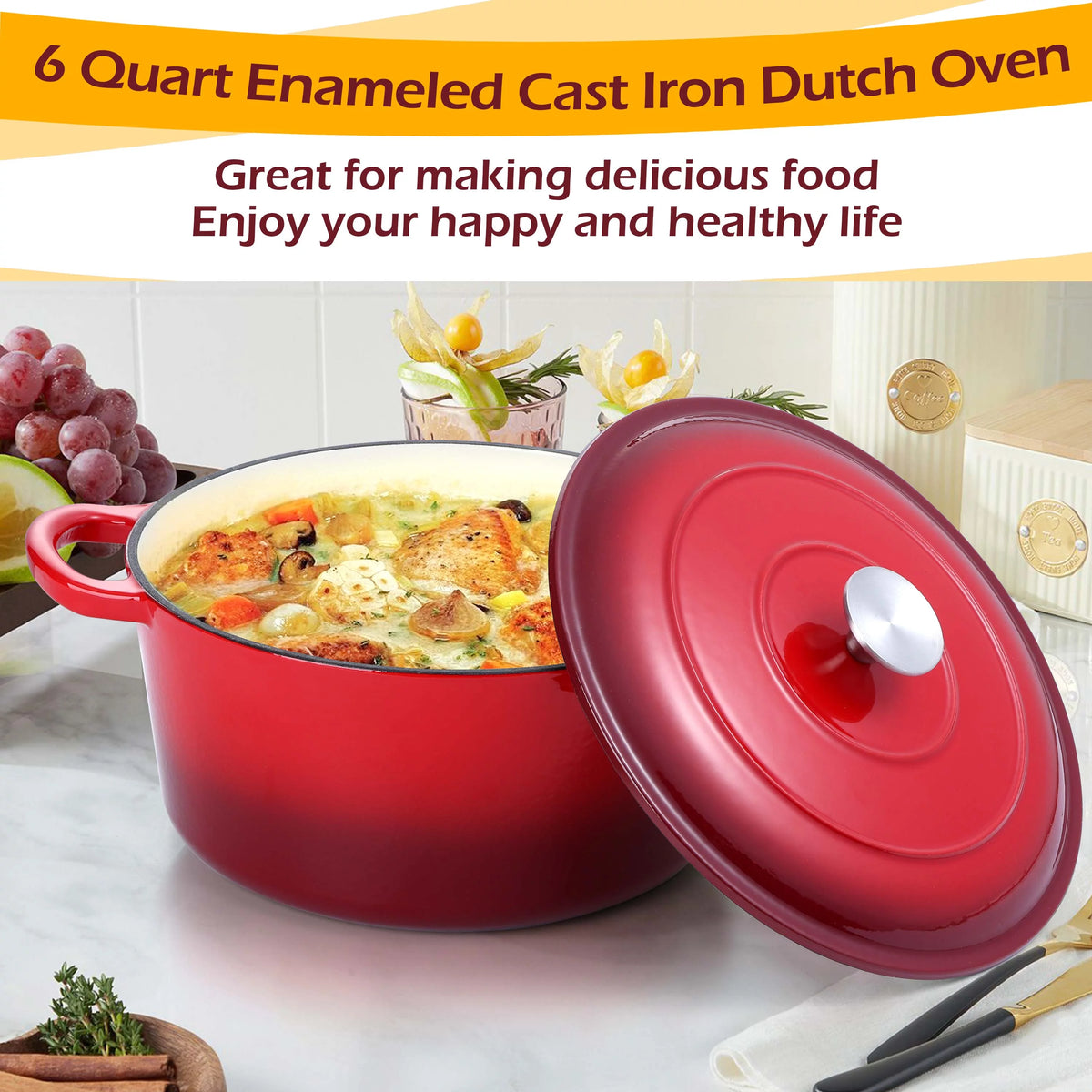 2026 Walchoice 6 Quart Enameled Cast Iron Dutch Oven with Lid, Nonstick Round Dutch Oven Pot with Dual Handles for Braising, Stews, - Red