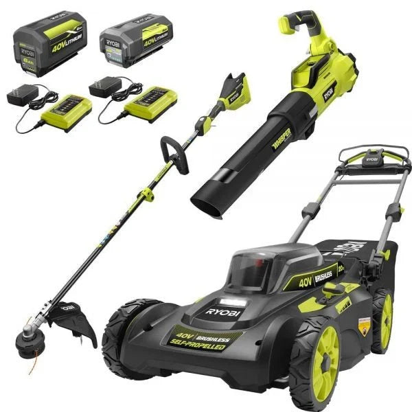 2026 New2025 40V Brushless 20-inch Self-Propelled Hand Lawn Mower, Grass Trimmer and Leaf Blower with (2) Batteries and (2) Chargers