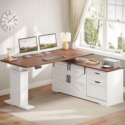 2026 SEDETA Farmhouse L Shaped Standing Desk, 55 inch Height Adjustable Corner Desk with Storage Drawers, Standing Computer Desks with Power Outlets for Home Office, Black