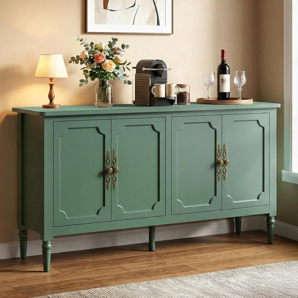 2026 Buffet Cabinet with Storage, 59" Vintage Sideboard with Adjustable Shelves, Mid Century Modern Painted Credenza Coffee Bar for Kitchen, Dining Room, Entryway, Living Room, Forest Green