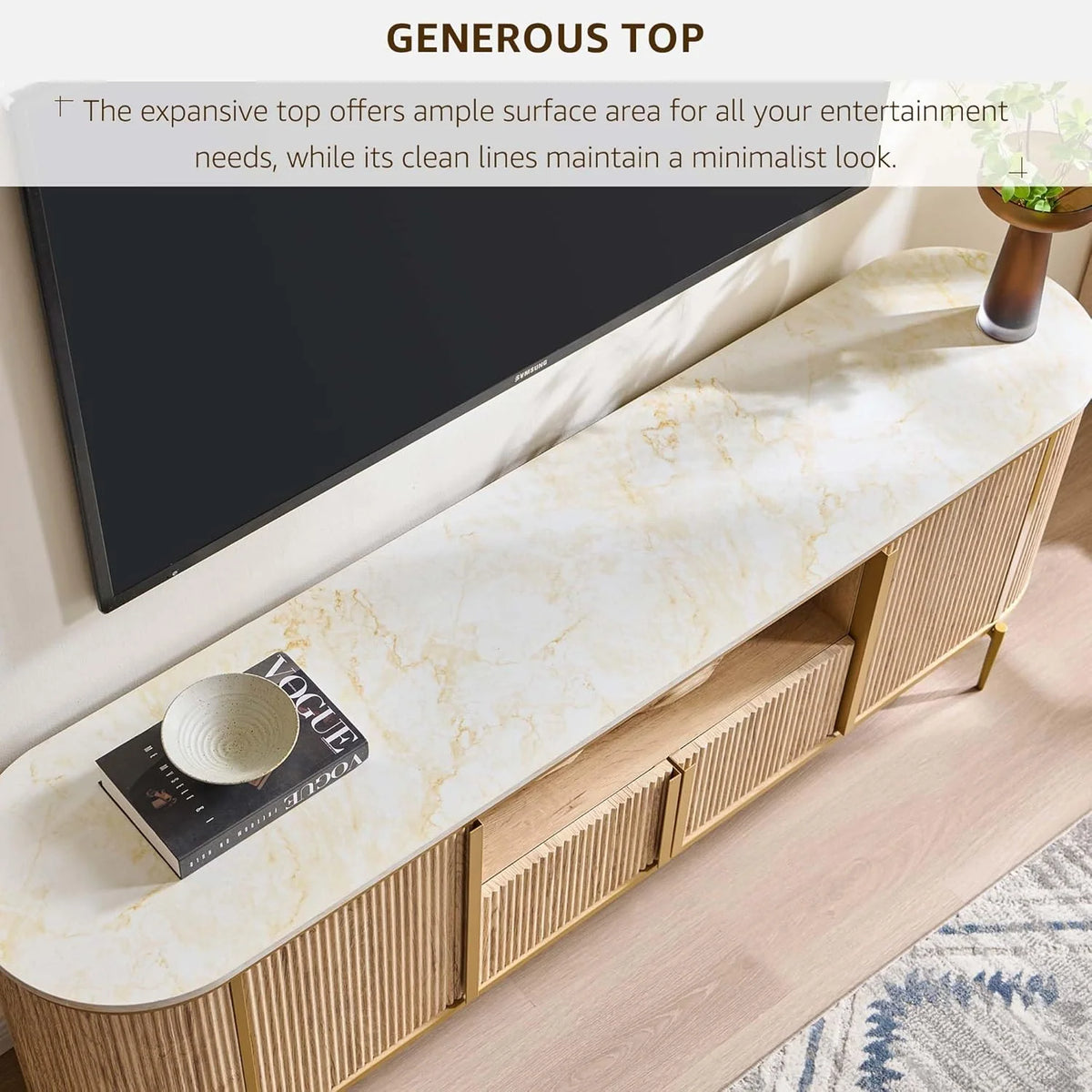2026 70" Fluted TV Stand with Storage, Faux Marble Top Entertainment Center for TVs Up to 80", Modern Curved Edge Media Console Cabinet for Living Room, Natural Oak